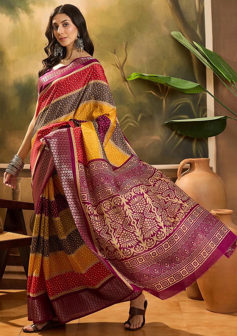Wine Bandhani Silk Cotton Saree Set