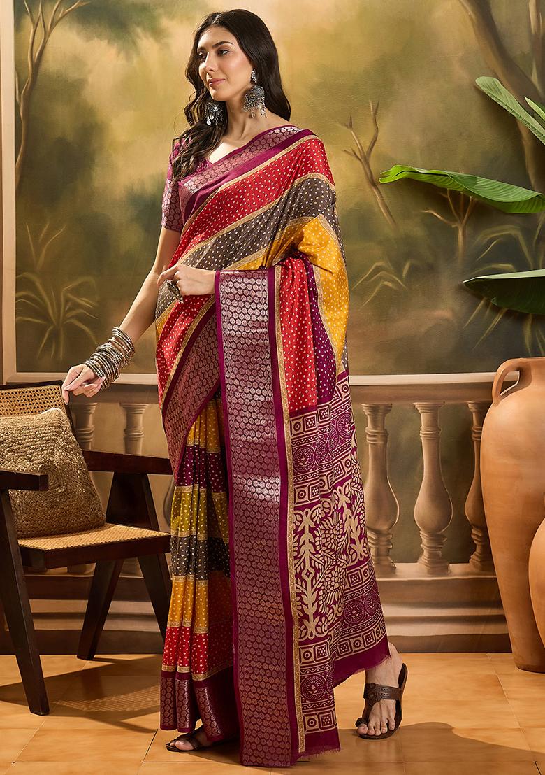 Wine Bandhani Silk Cotton Saree Set