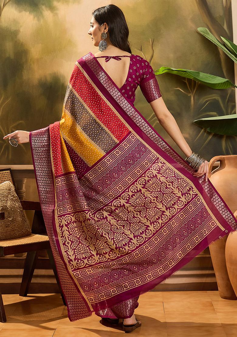 Wine Bandhani Silk Cotton Saree Set