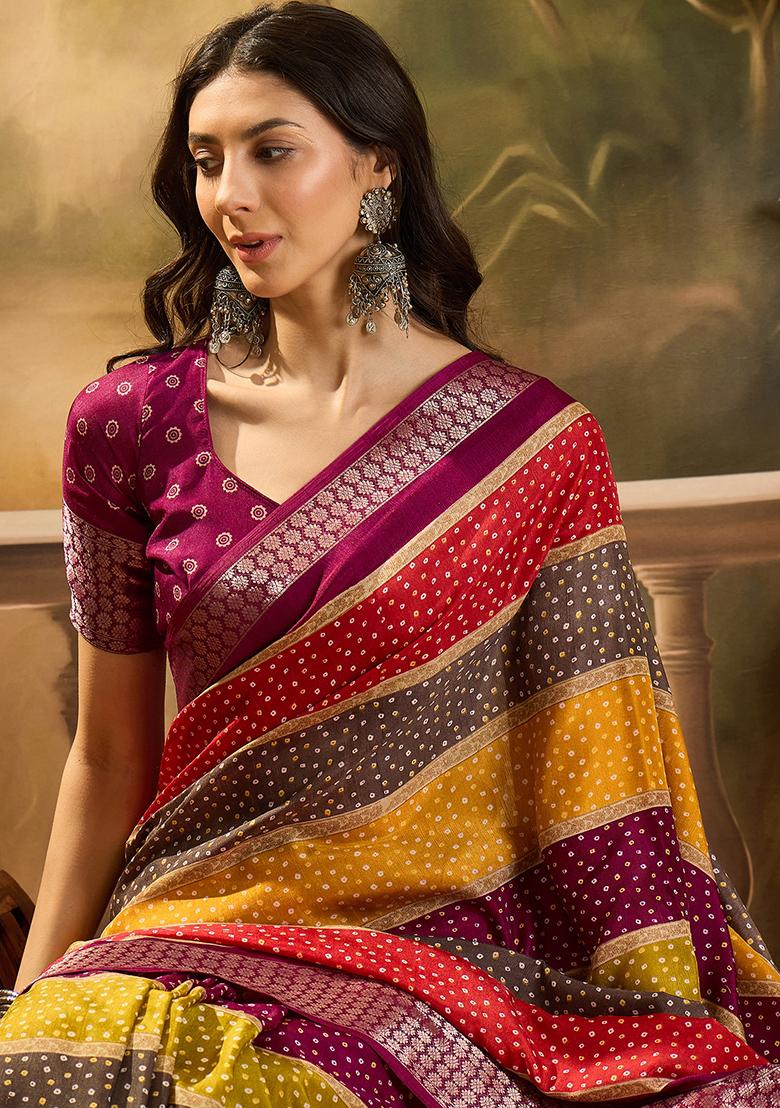 Wine Bandhani Silk Cotton Saree Set