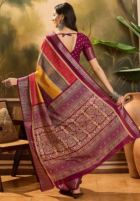 Wine Bandhani Silk Cotton Saree Set