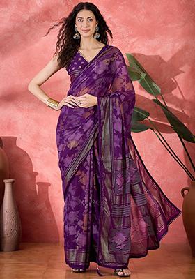 Purple Foil Print Chiffon Saree Set