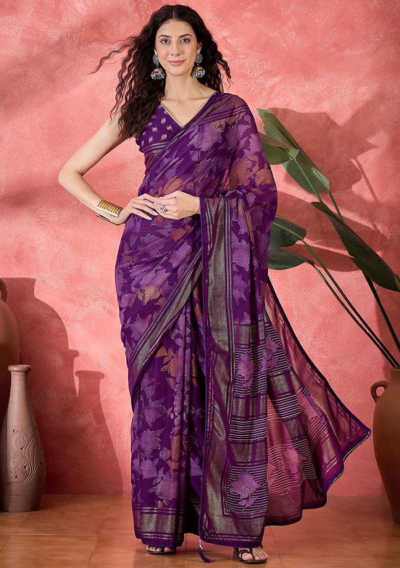 Purple Foil Print Chiffon Saree Set - Indya