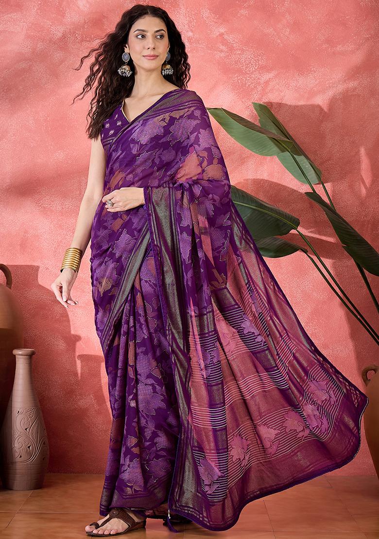 Purple Foil Print Chiffon Saree Set
