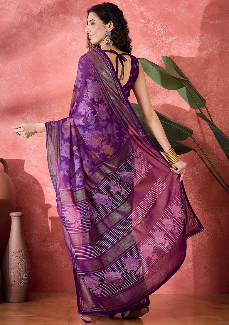 Purple Foil Print Chiffon Saree Set - Indya