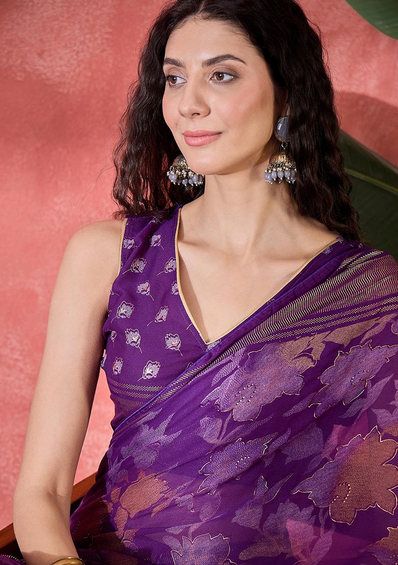 Purple Foil Print Chiffon Saree Set