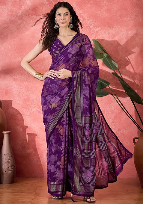 Purple Foil Print Chiffon Saree Set