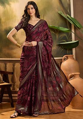 Maroon Foil Print Chiffon Saree Set