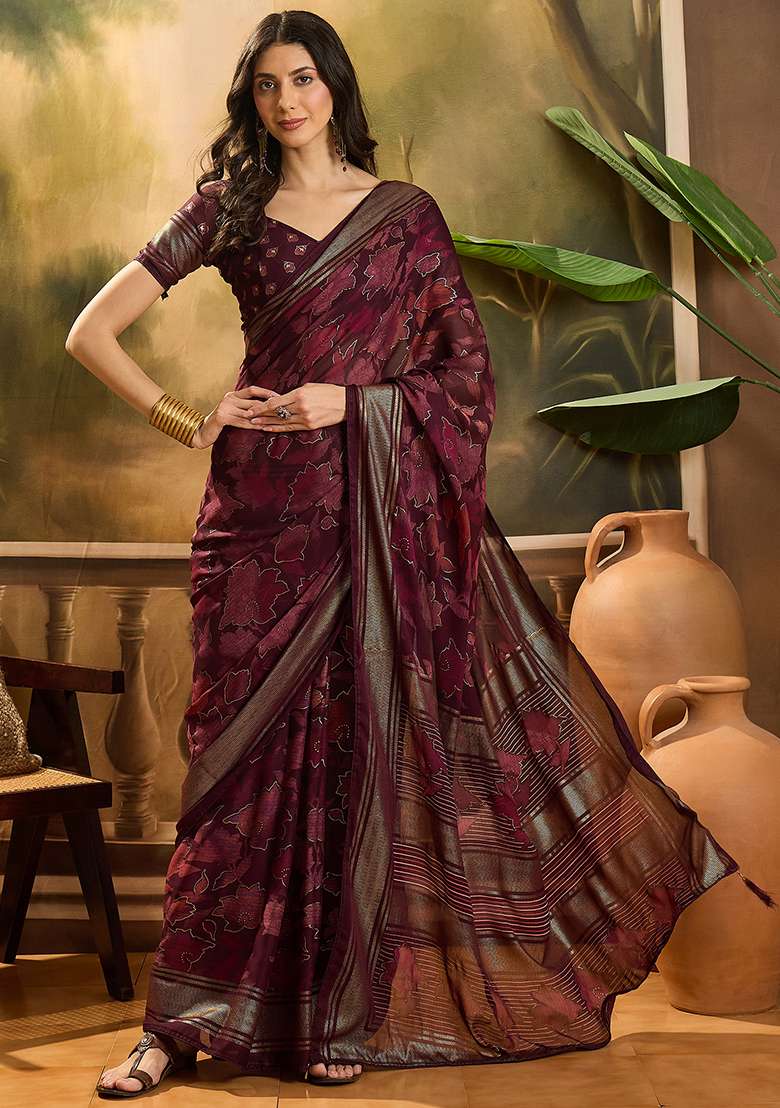 Maroon Foil Print Chiffon Saree Set - Indya