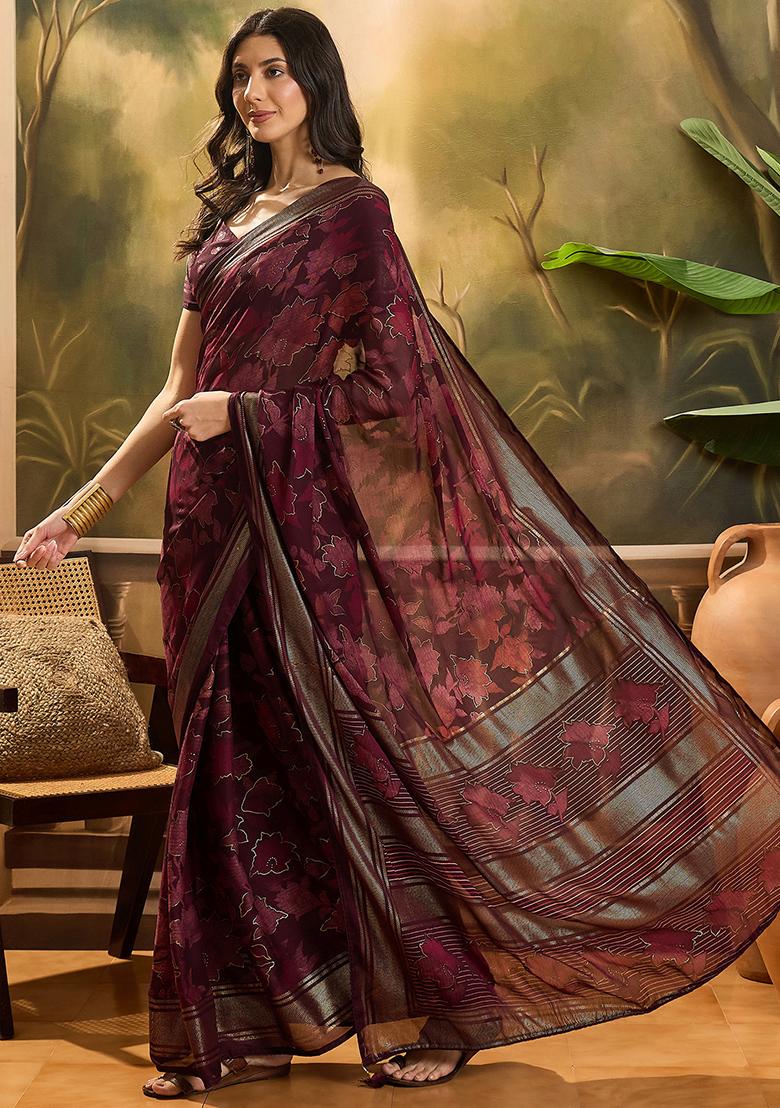 Maroon Foil Print Chiffon Saree Set