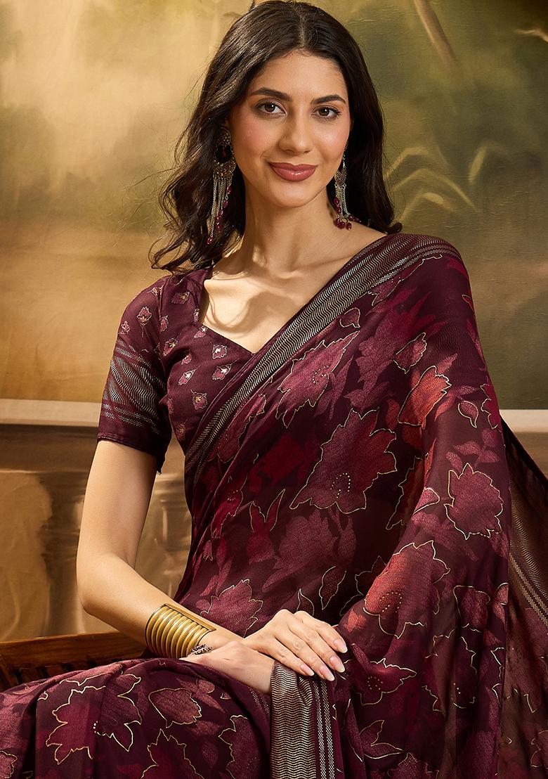 Maroon Foil Print Chiffon Saree Set