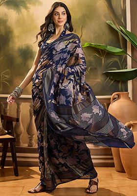 Navy Blue Foil Print Chiffon Saree Set