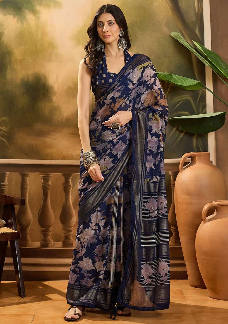 Navy Blue Foil Print Chiffon Saree Set - Indya