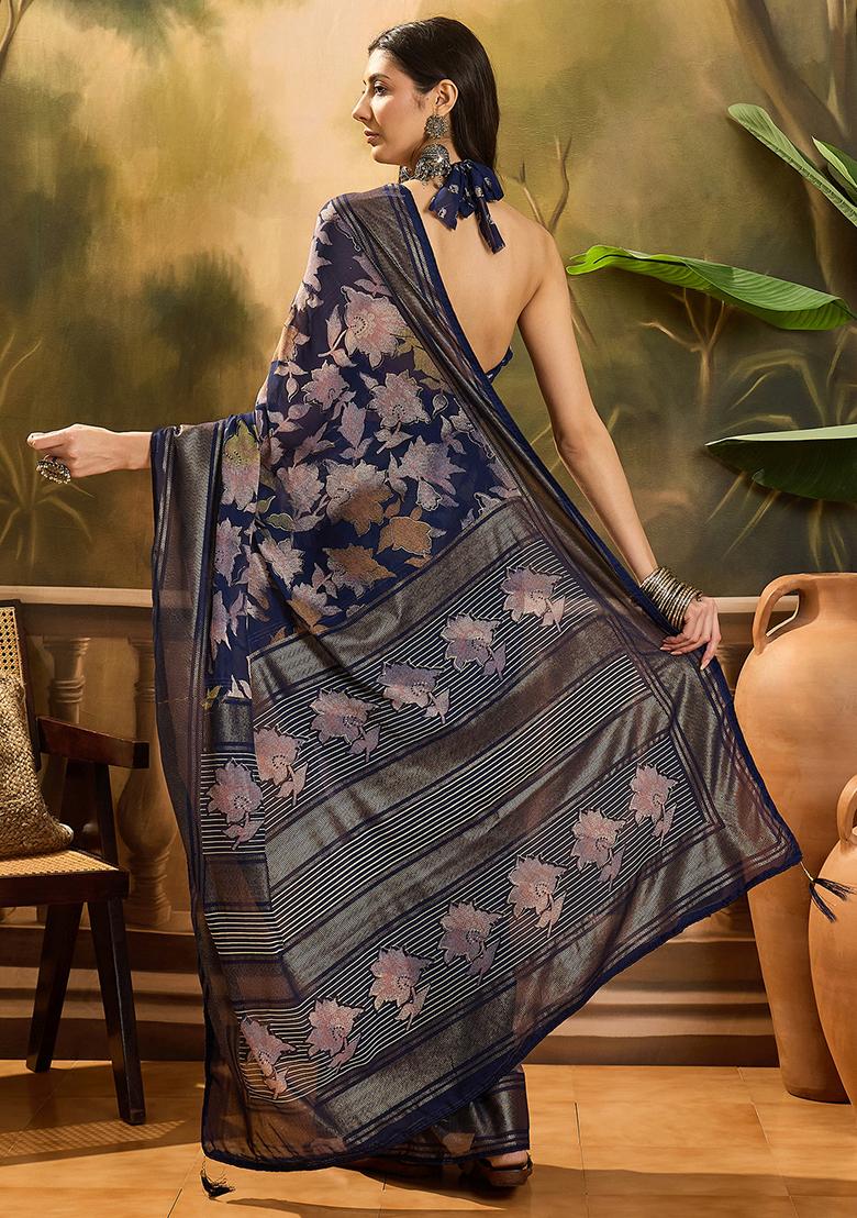 Navy Blue Foil Print Chiffon Saree Set