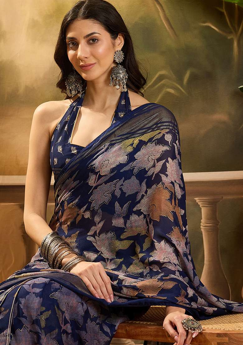 Navy Blue Foil Print Chiffon Saree Set - Indya