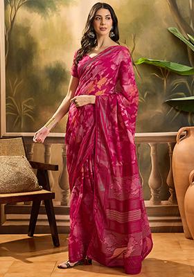 Rani Pink Foil Print Chiffon Saree Set