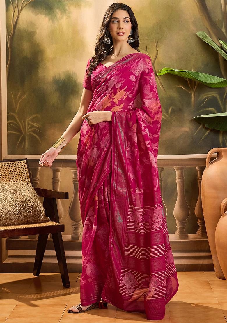 Rani Pink Foil Print Chiffon Saree Set