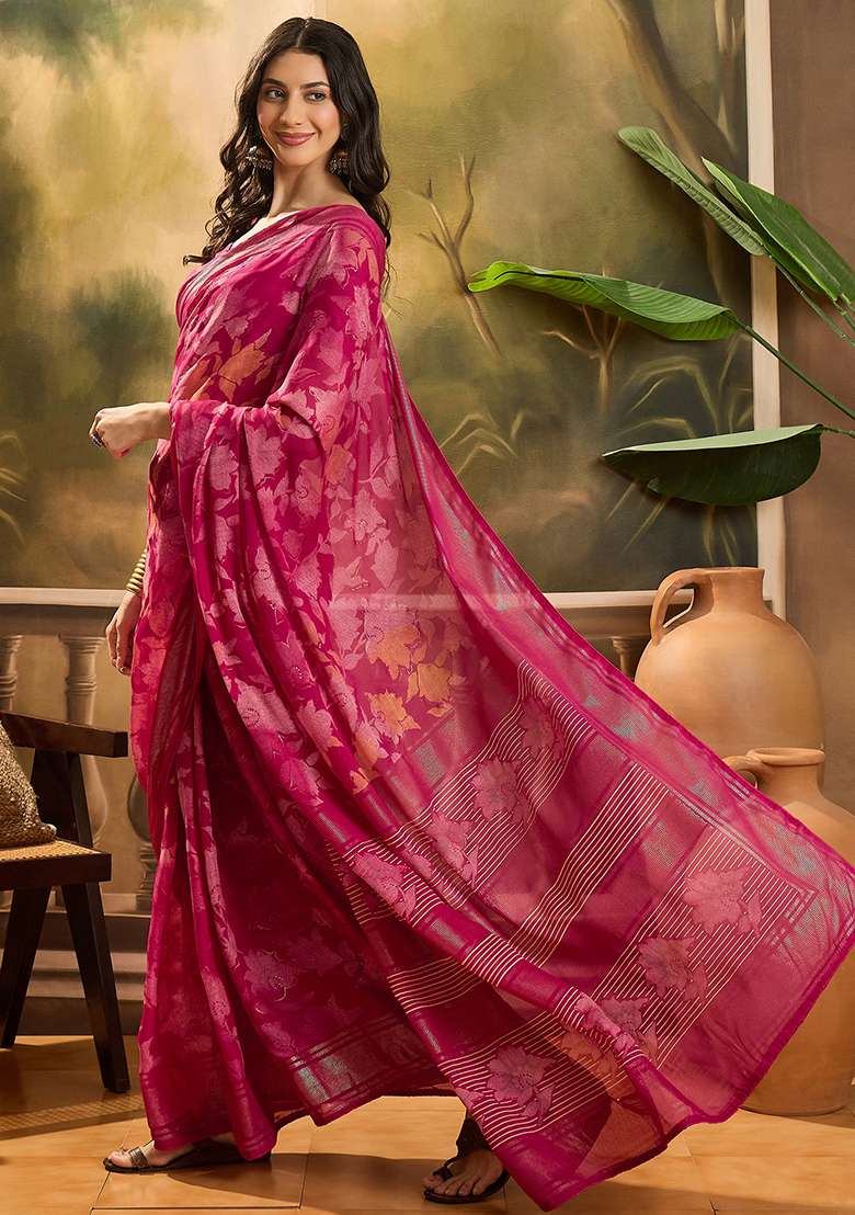 Rani Pink Foil Print Chiffon Saree Set - Indya