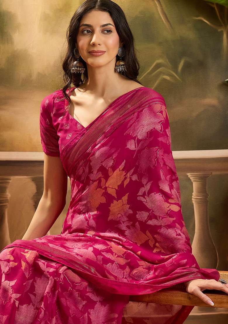 Rani Pink Foil Print Chiffon Saree Set - Indya