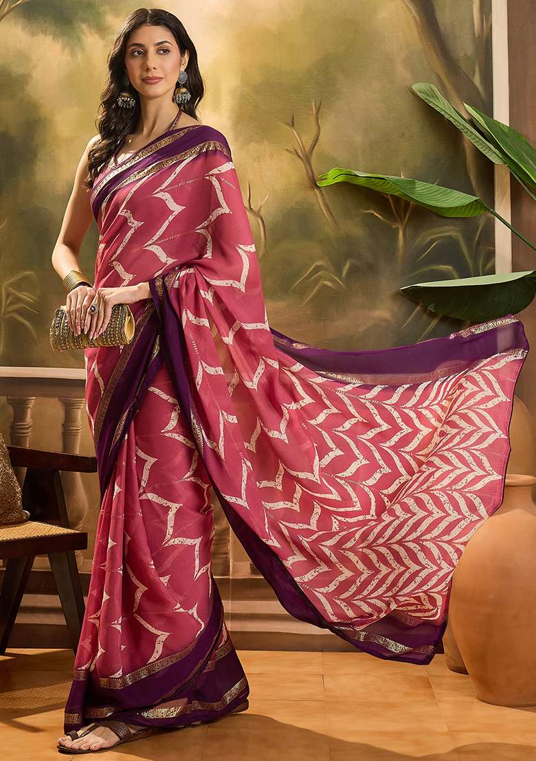 Pink Foil Print Chiffon Saree Set - Indya