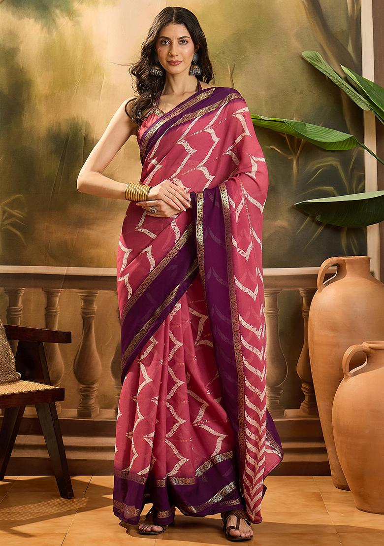 Pink Foil Print Chiffon Saree Set