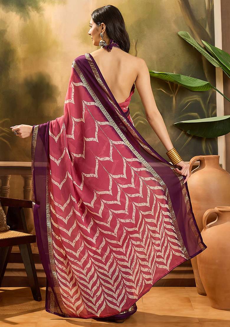 Pink Foil Print Chiffon Saree Set - Indya