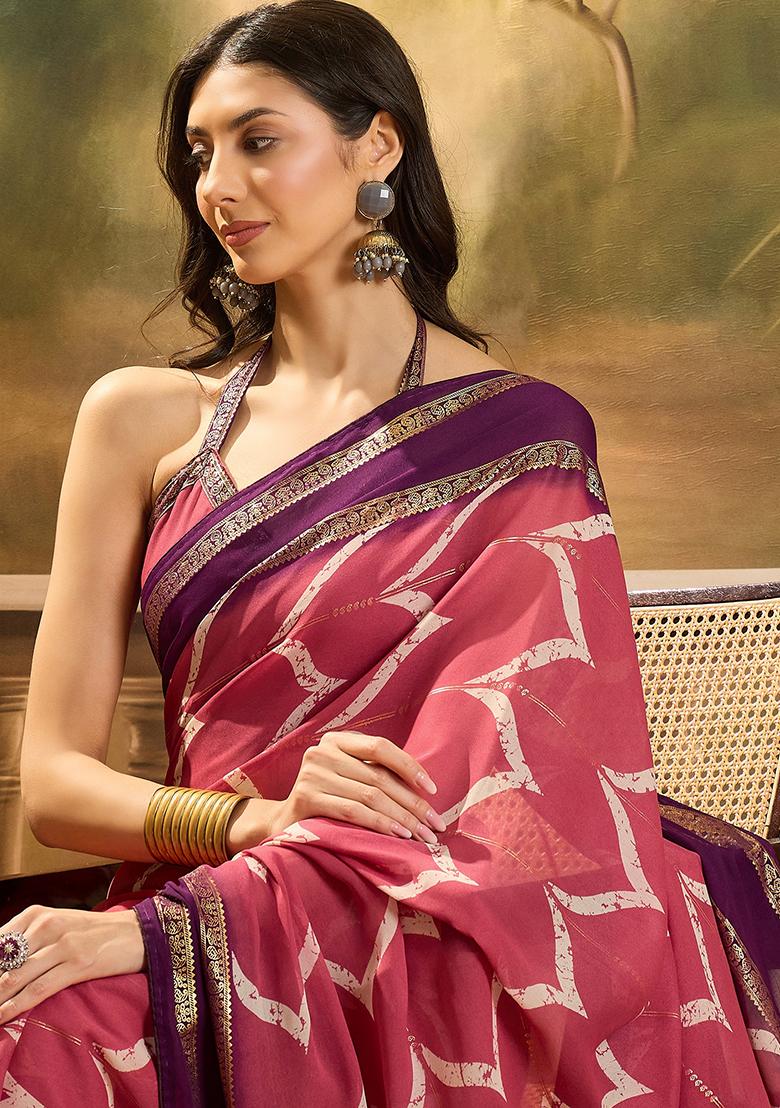Pink Foil Print Chiffon Saree Set