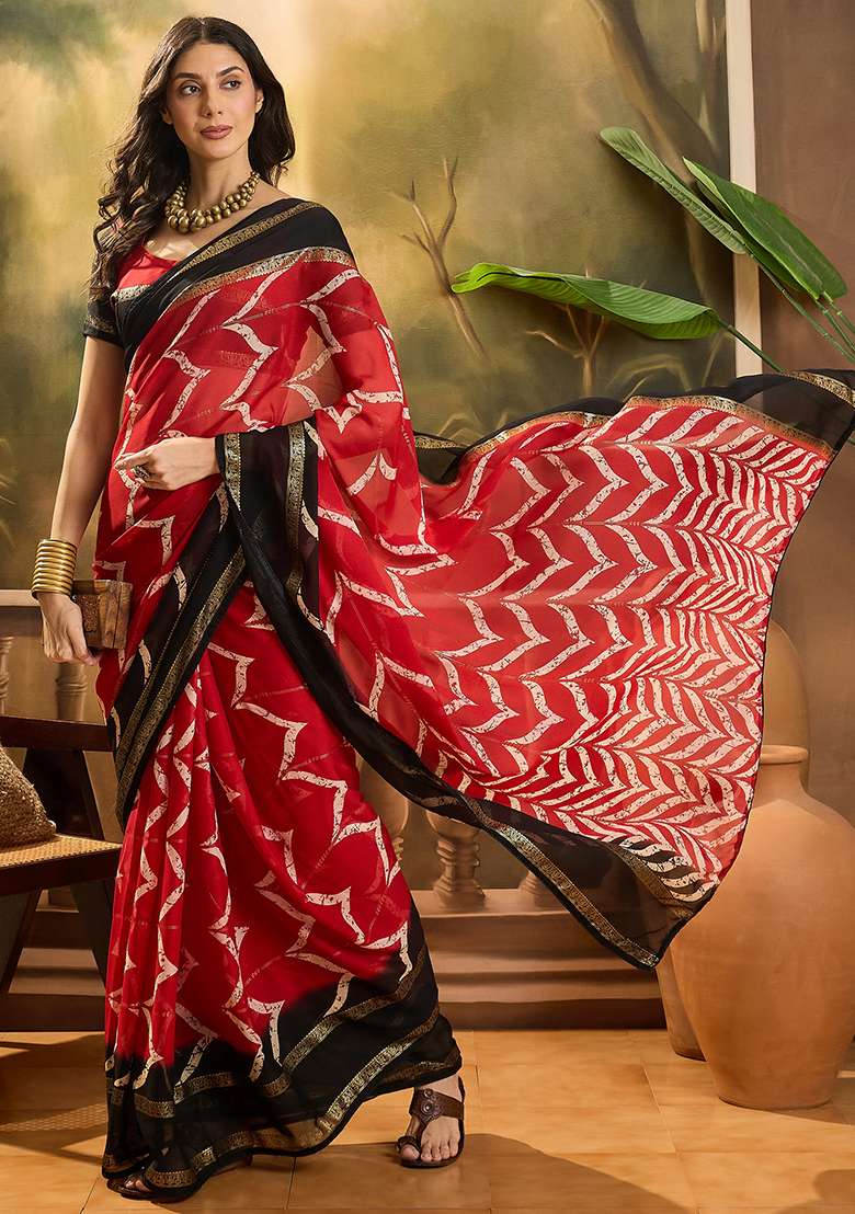 Red Chiffon Saree Set with Foil Print for Diwali | Wedding & Festive Wear - Indya