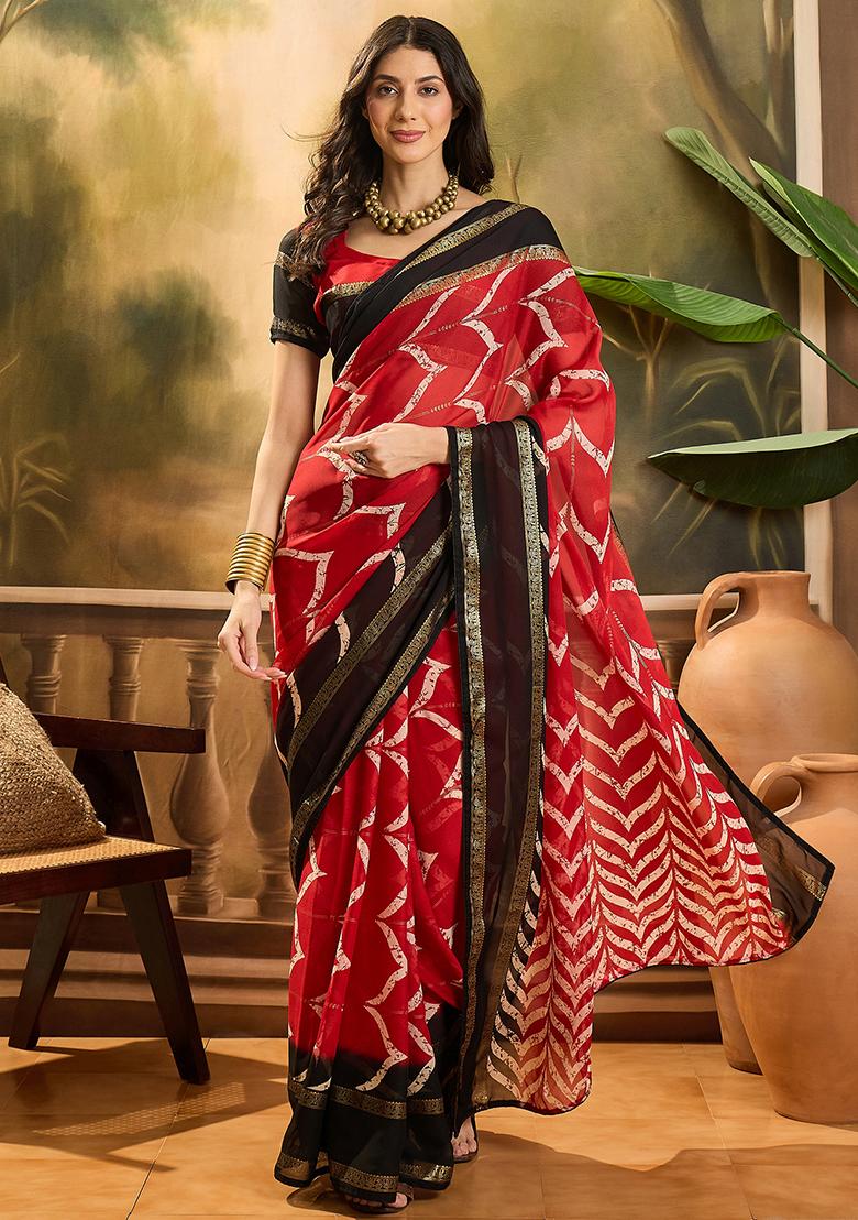 Red Foil Print Chiffon Saree Set