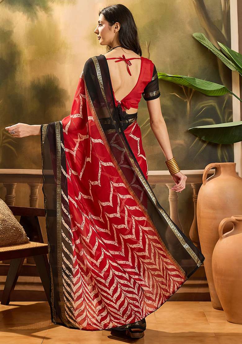 Red Chiffon Saree Set with Foil Print for Diwali | Wedding & Festive Wear - Indya