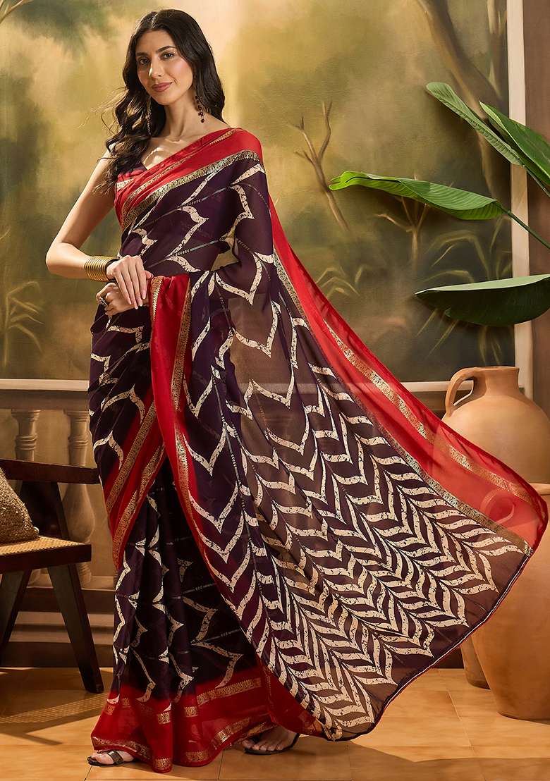 Wine Foil Print Chiffon Saree Set for Diwali and Festive Wear - Indya