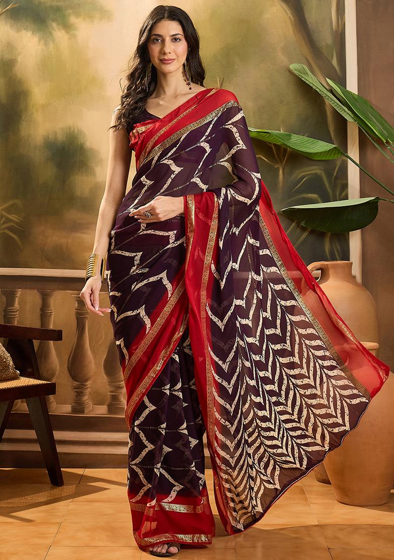 Wine Foil Print Chiffon Saree Set
