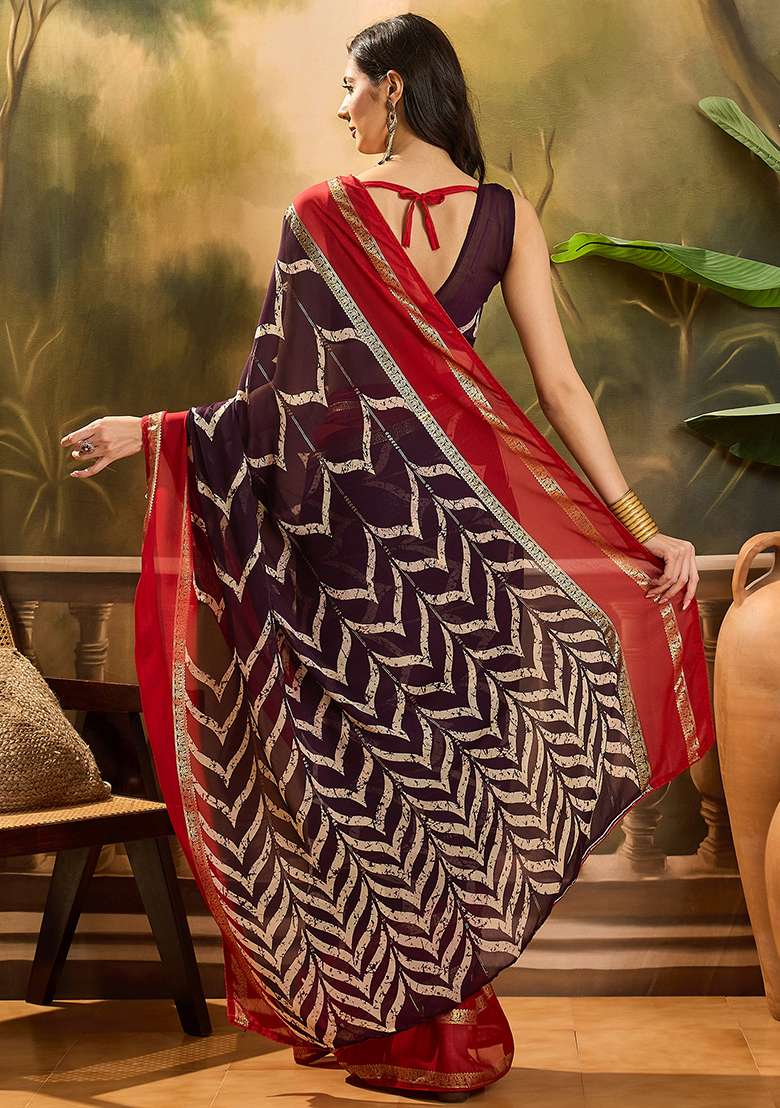 Wine Foil Print Chiffon Saree Set for Diwali and Festive Wear - Indya