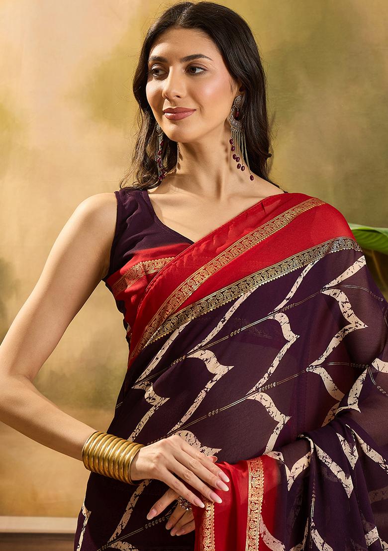 Wine Foil Print Chiffon Saree Set