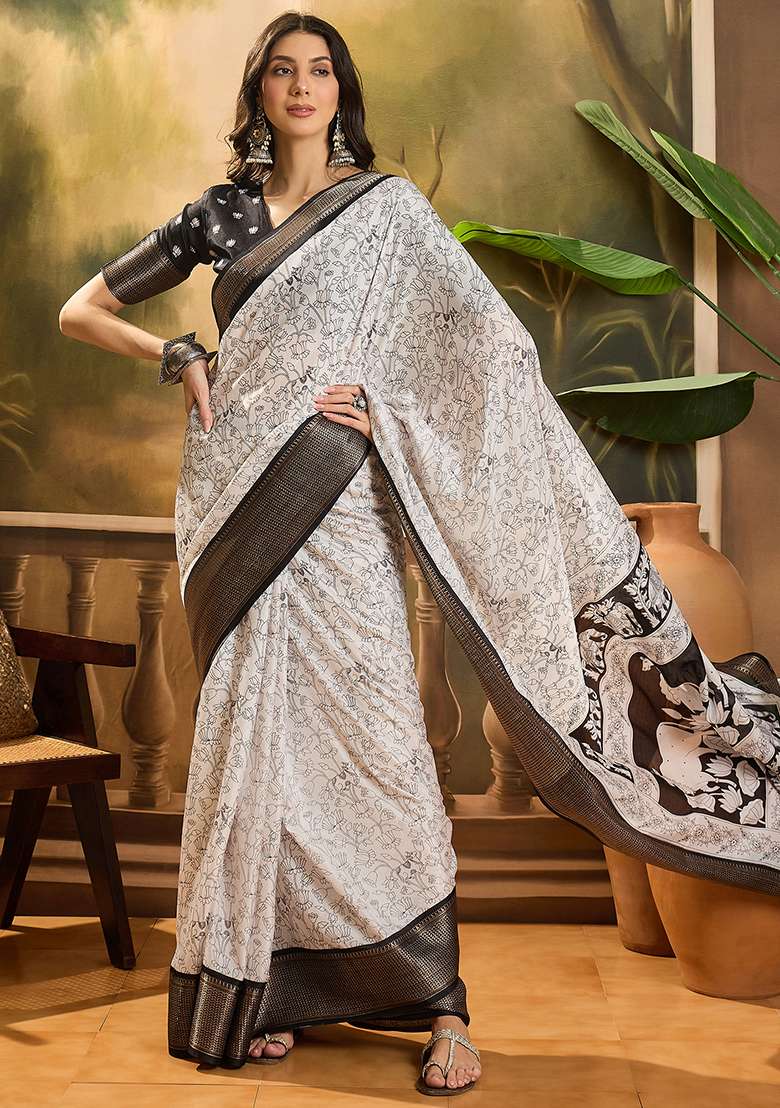 White Printed Silk Cotton Saree Set - Indya