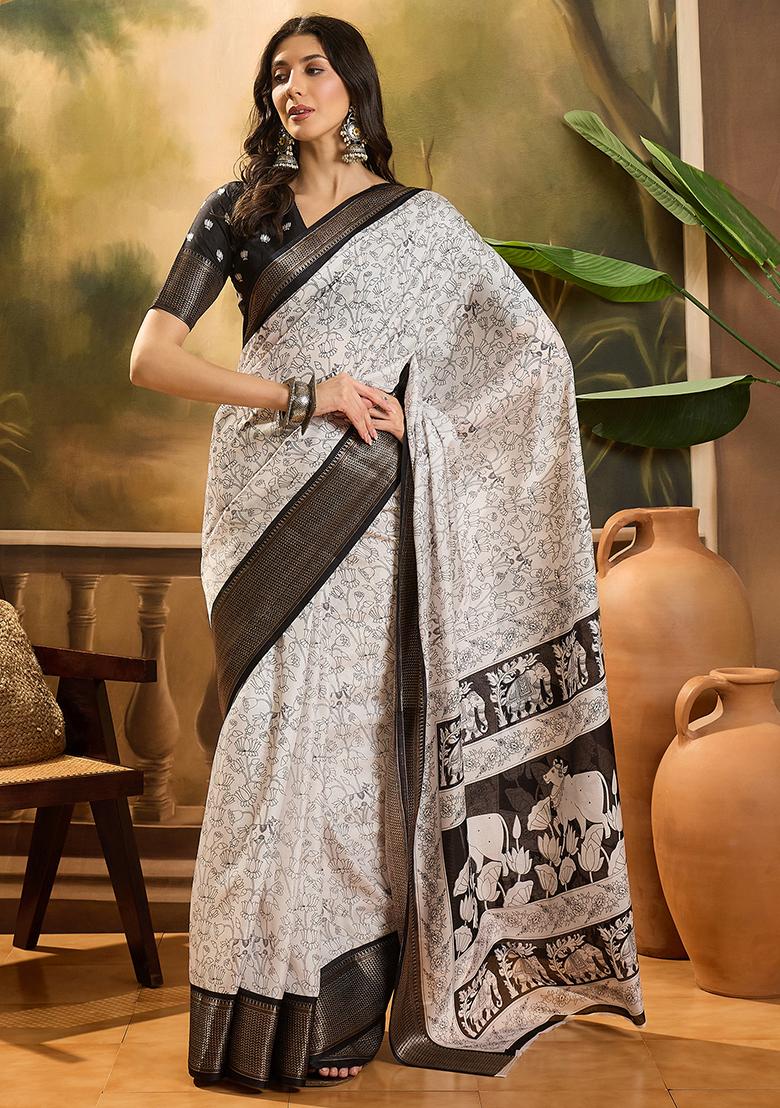 White Printed Silk Cotton Saree Set