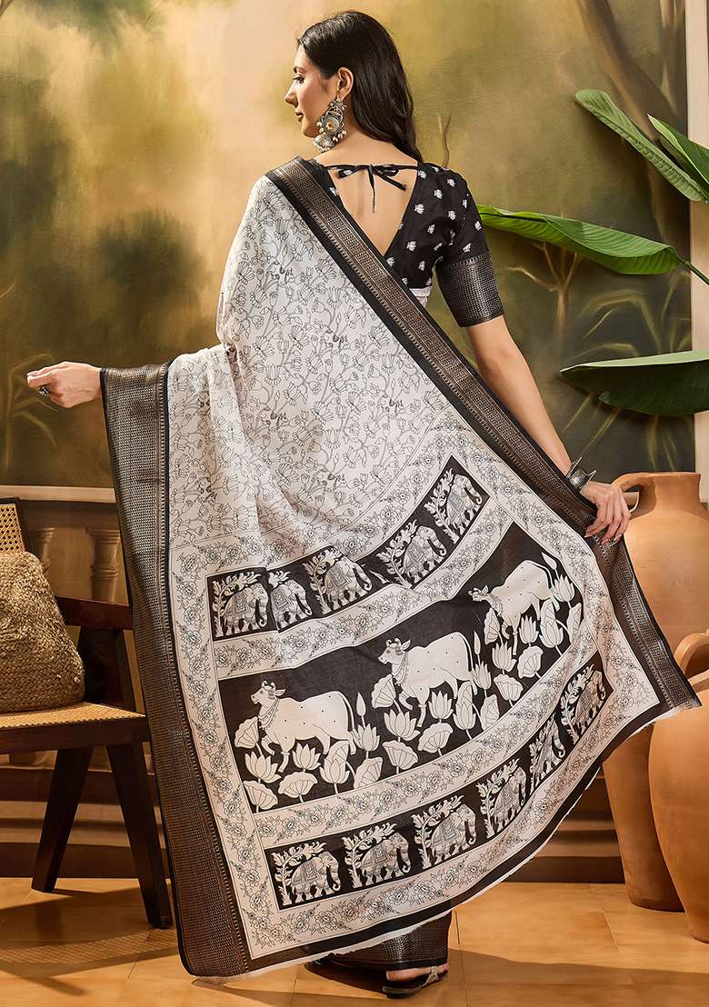 White Printed Silk Cotton Saree Set - Indya