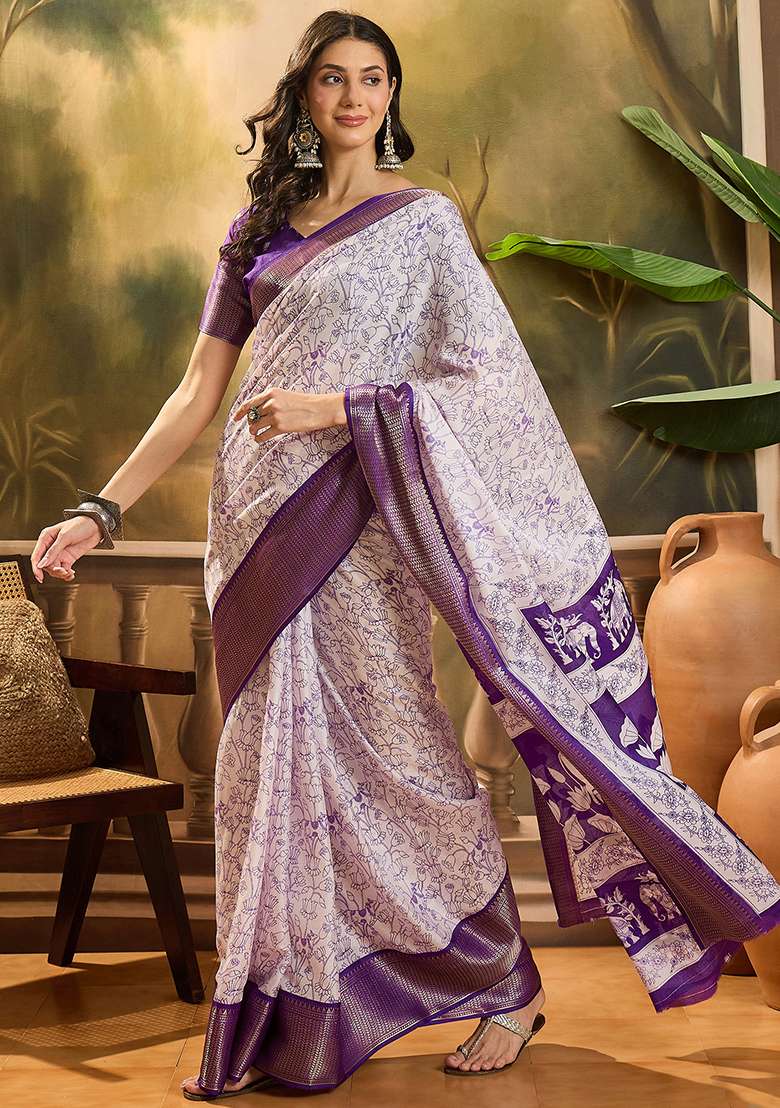 White Printed Silk Cotton Saree Set - Indya