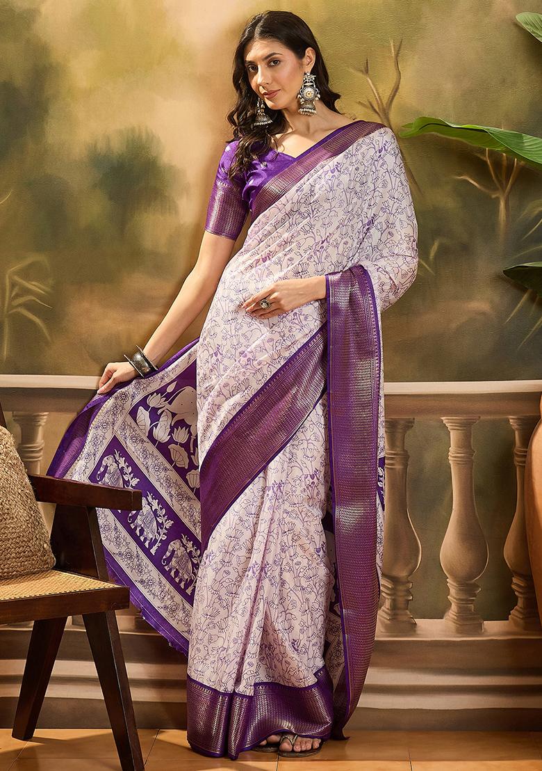 White Printed Silk Cotton Saree Set