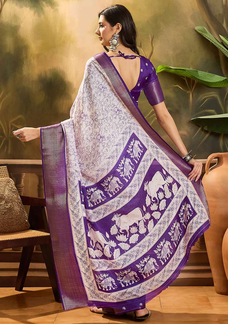 White Printed Silk Cotton Saree Set - Indya