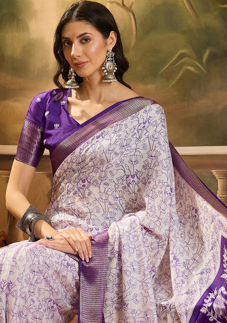 White Printed Silk Cotton Saree Set