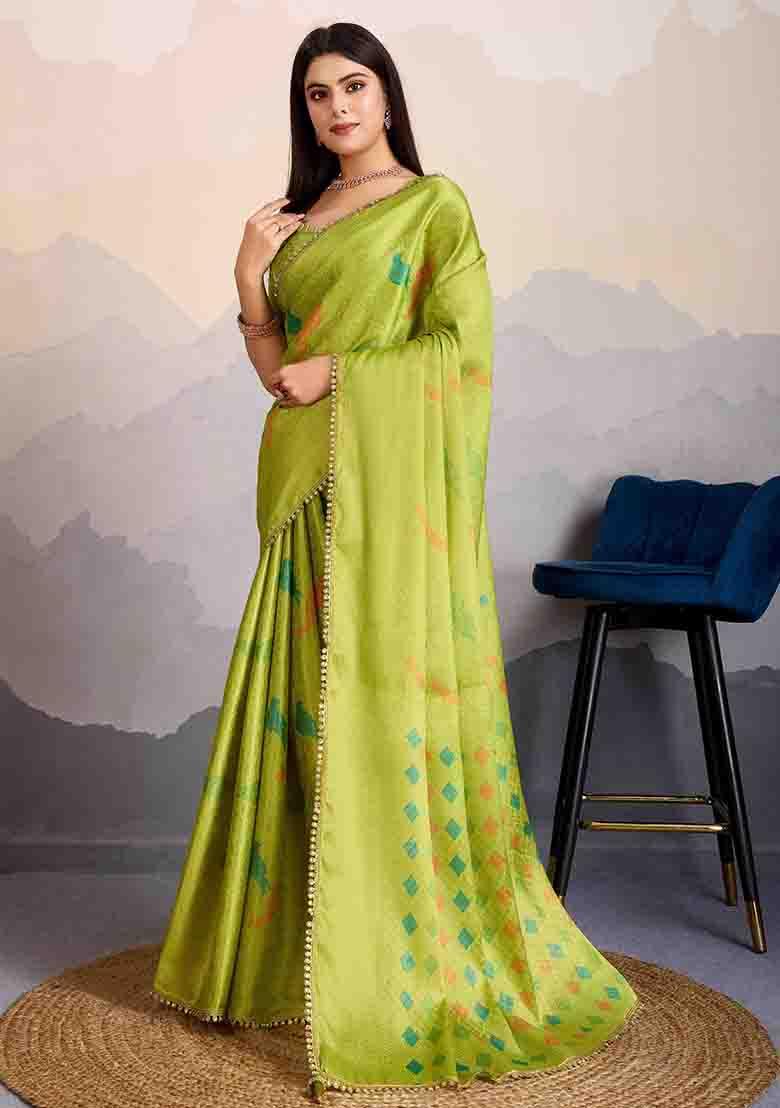 Parrot Green Stone Work Silk Blend Saree Set