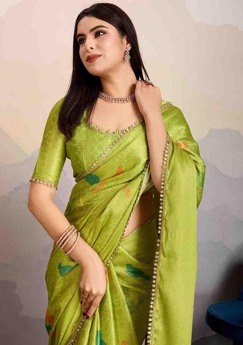 Parrot Green Stone Work Silk Blend Saree Set