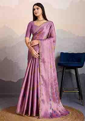Mauve Stone Work Silk Blend Saree Set