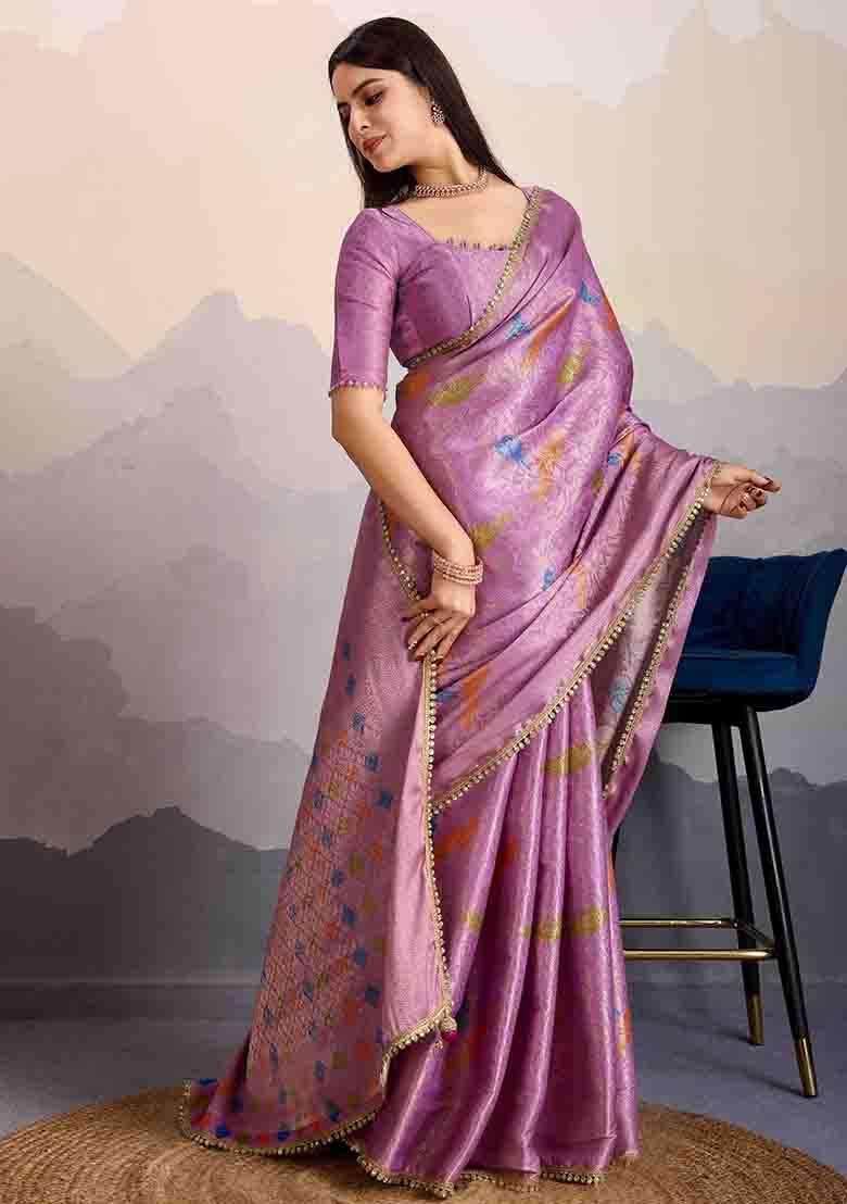 Mauve Stone Work Silk Blend Saree Set