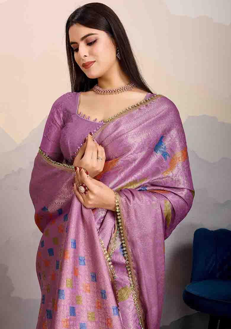 Mauve Stone Work Silk Blend Saree Set