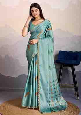 Sea Green Stone Work Silk Blend Saree Set