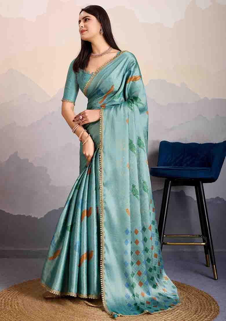 Sea Green Stone Work Silk Blend Saree Set