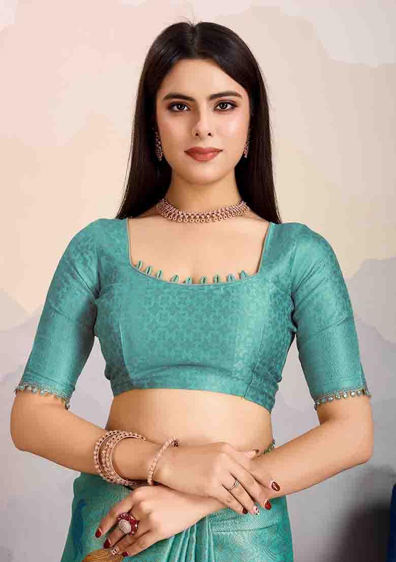 Sea Green Stone Work Silk Blend Saree Set