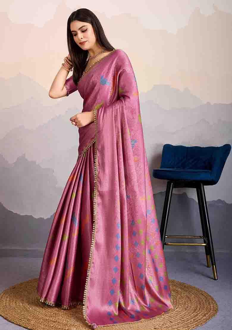 Onion Pink Stone Work Silk Blend Saree Set